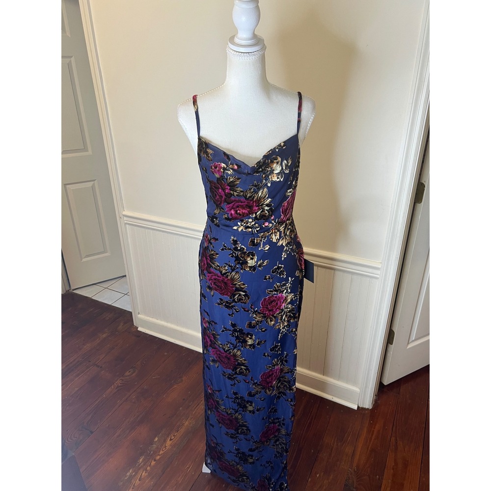 Lulus Navy Blue Floral Burnout Velvet Cowl Neck Maxi Dress Slit NWT Size S - Picture 6 of 14